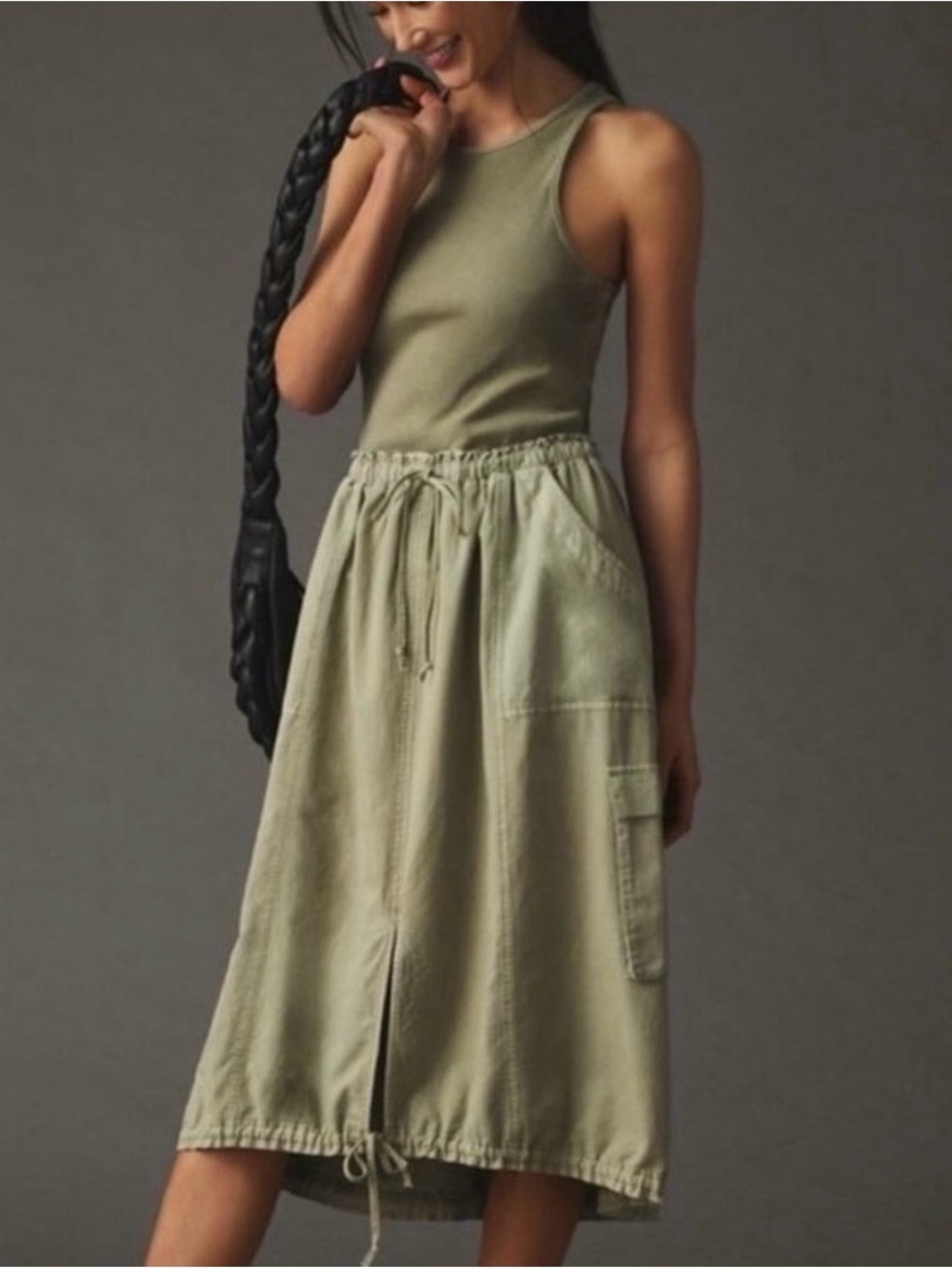 Daily Practice Racerback  Utility Drawstring Midi Dress in Olive Green